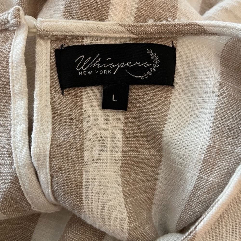 Whispers 100% Linen Top Sz L Ruffle Sleeve Taupe Stripe Lagenlook - Picture 8 of 8
